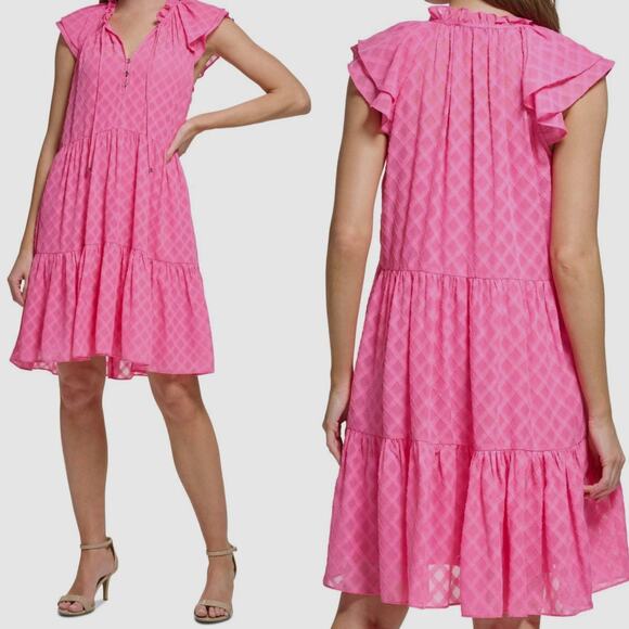 Tommy Hilfiger Dresses & Skirts - Tommy Hilfiger Womens Trellis Tiered‎ Ruffle Tie Neck Dress Plus Size 16 Pink